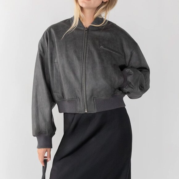 oak fort CROPPED VEGAN LEATHER BOMBER JACKET - Picture 2 of 2